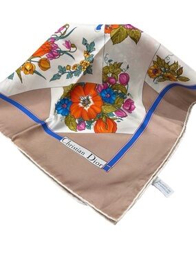 Dior Floral Silk Scarf in Beige, Orange & Blue
